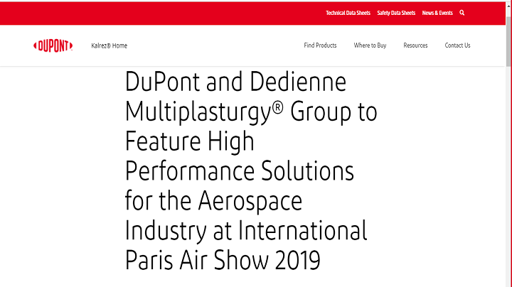 杜邦和Dedienne Multiplasturgy®集团将在2019年巴黎国际航展上展示航空航天行业的高性能解决方案